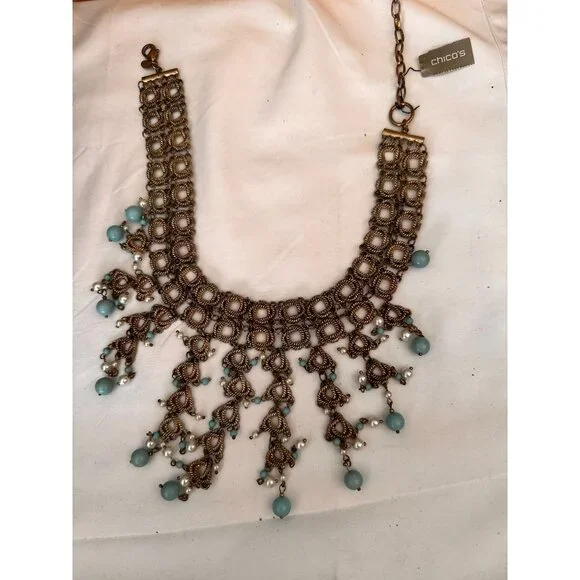 NWT Stunning Chico's statement necklace brushed dark goldtone with bib design - Picture 4 of 5